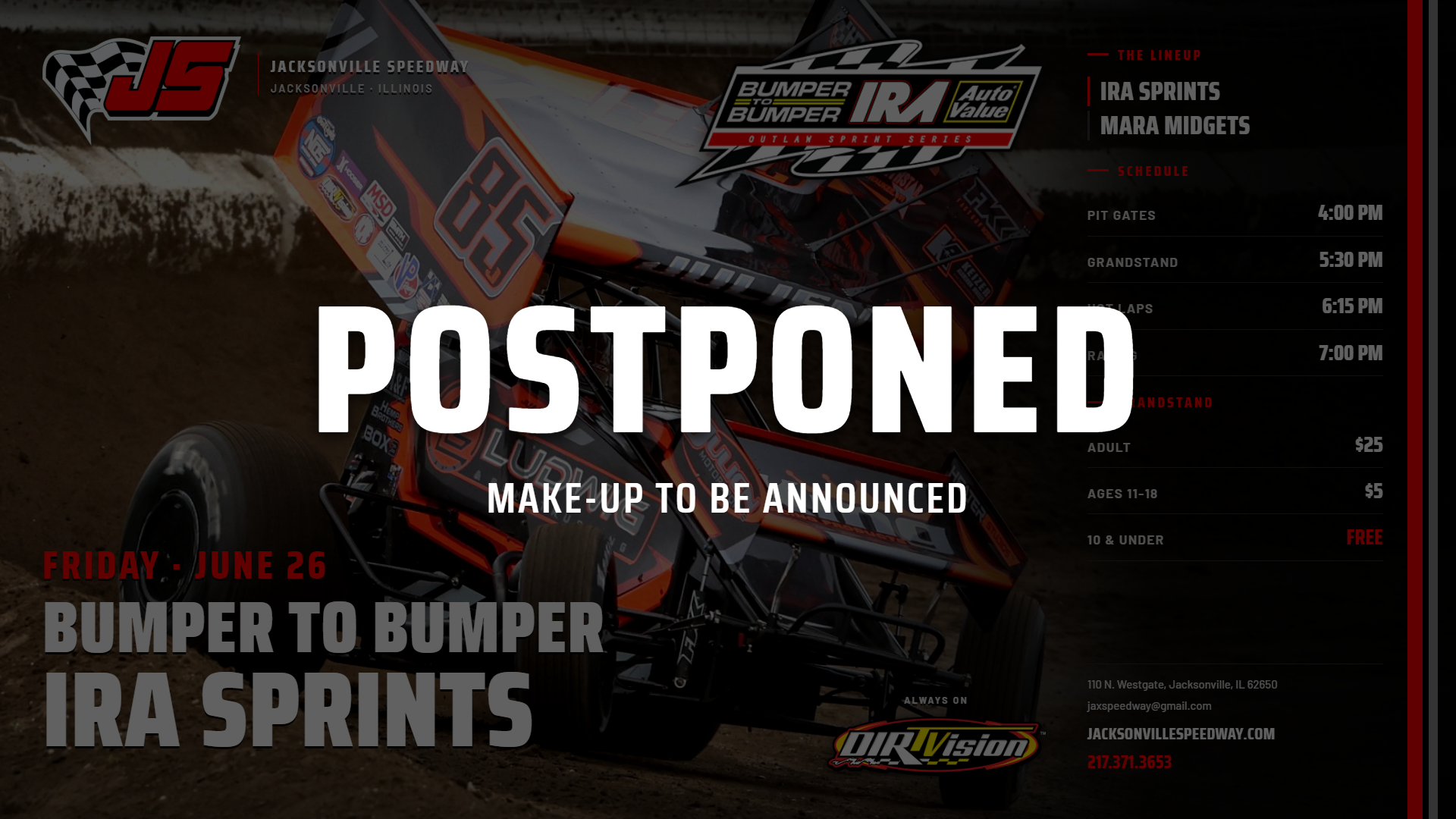 Bumper to Bumper IRA Sprints — Friday, June 26 — Postponed
